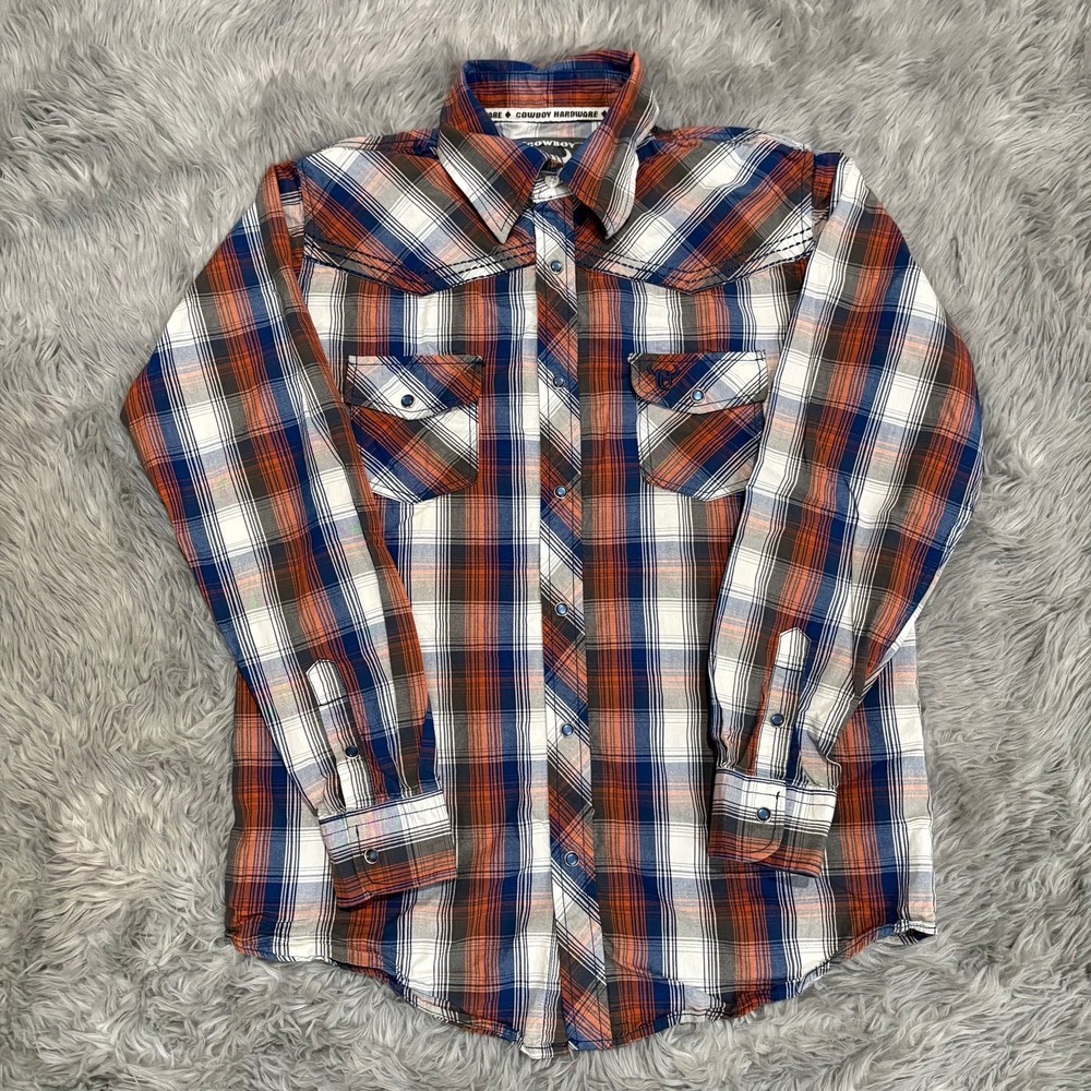 Cowboy Hardware Collared Button Up Orange Blue Plaid Boys Youth Large 10/12‎